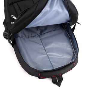 Top-down view of spacious main compartment in black backpack with grey lining