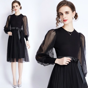 Elegant Black Knit Midi Dress With Polka Dot Mesh Lantern Sleeves And Pleated Hem Ribbon Bow Belt