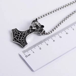 Silver stainless steel Viking wolf head Thor's hammer pendant with box chain and ruler