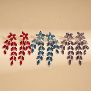 Vintage floral leaf tassel earrings in red, blue, and purple crystal settings