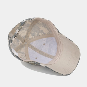 Internal view of digital camouflage baseball cap with sweatband and adjustable buckle