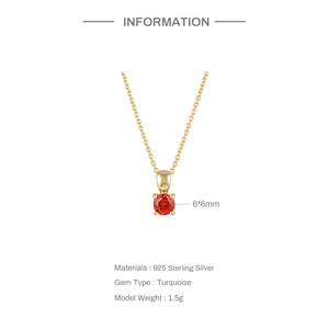 Detail of S925 sterling silver gold necklace with 6x6mm red stone and product specifications
