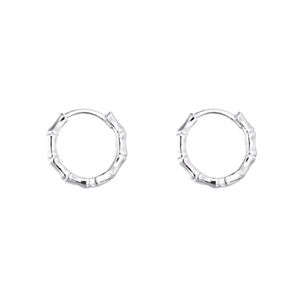 Symmetric silver bamboo knot earrings with minimalist metal design on white background