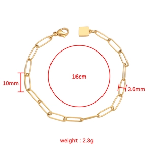 Gold paperclip chain bracelet in titanium steel showing dimensions 16cm and 10x3.6mm link size