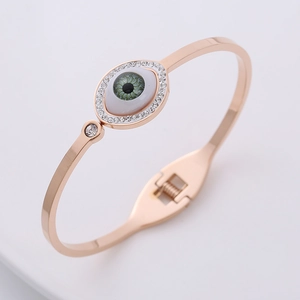 Rose gold Evil Eye stainless steel bracelet with green opal and white zircon crystals
