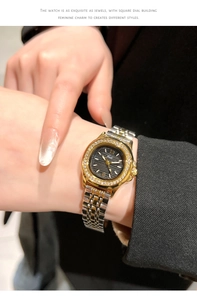 Close-up of Gedi luxury women's watch with rhinestone bezel and bicolor stainless steel band