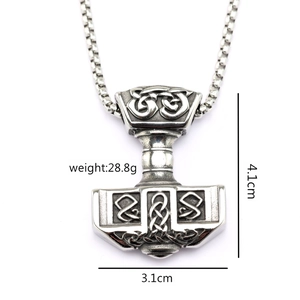 Nordic Mjolnir pendant necklace in stainless steel with Celtic knots, 4.1cm high