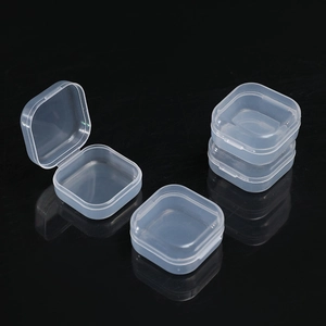 Clear plastic mini storage boxes showing open, closed, and stacked states on black background