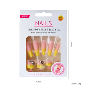 Kit de faux ongles dégradé rose et jaune pour mains et pieds avec strass pack de 48