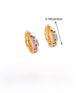 Detailed view of floral enamel earrings with dimensions and material specs on white background