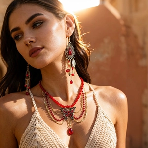 Retro butterfly tassel pendant necklace and earrings set with red glass beads