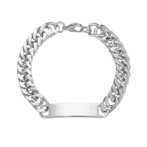 Polished stainless steel Cuban link bracelet with blank engraving plate on white background