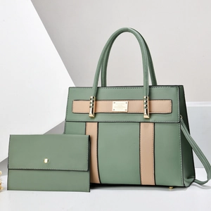 Large tote bag set in sage green and beige with matching envelope wallet and gold hardware