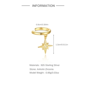 Detail showing 925 sterling silver star ear cuff dimensions and AAAAA zircon setting