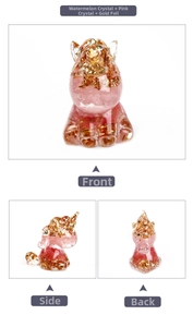 Three-sided view of unicorn resin statue with watermelon crystal and gold foil flakes