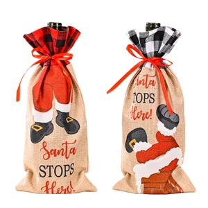 Christmas burlap wine bottle gift bags with Santa patterns and plaid drawstrings