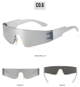 Multi-angle views of futuristic silver mirror rimless wrap-around sports sunglasses