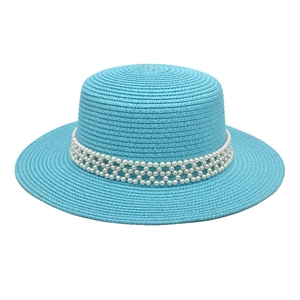 Flat top straw sun hat in light blue with elegant pearl band decoration for summer beach