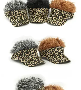 Detail view of leopard print baseball cap with fuzzy synthetic wig top in multiple colors