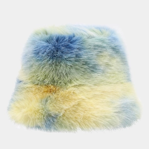 Winter colorful tie-dye faux fur bucket hat with long plush and wide brim for women
