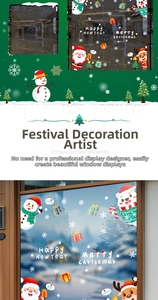 Close-up of Merry Christmas and Happy New Year window stickers with Santa and reindeer