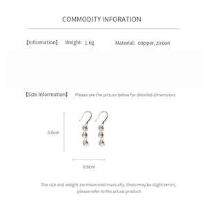 Detailed size specifications for minimalist zircon tassel earrings with dimensions and weight