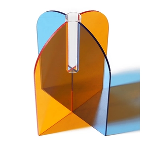 Modern acrylic flower vase with colorful orange and blue base and glass test tube