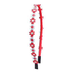 Red fabric headband with colorful daisy embroidery and black ends for comfort