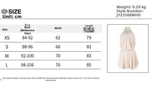 Size chart for women's halter neck chiffon dress with detailed measurements and a mini dress
