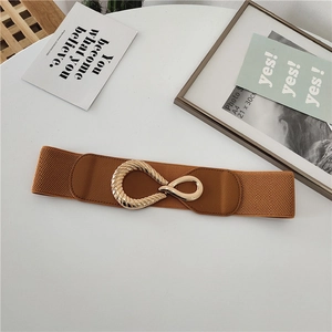 Elastic brown waist belt for women with textured golden oval buckle on white surface