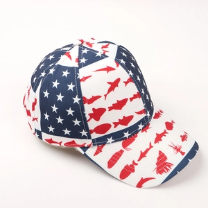 Detail view of 3D printed baseball cap with American flag stars and fish silhouette print