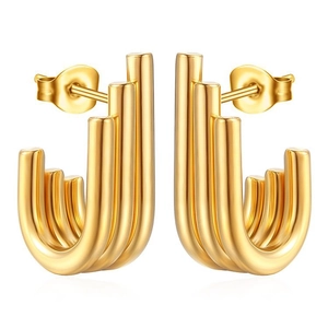 Vintage style irregular multi-layer stainless steel earrings in gold finish with metallic luster