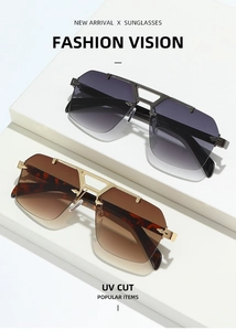Detail of square rimless sunglasses with metal arrow accents and UV cut gradient lenses
