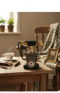 Vintage resin rotary telephone model with black and gold details on a retro wooden desk