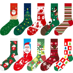 Matrix display of ten different Christmas crew socks with Santa and reindeer patterns