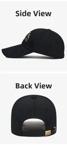 Detail view of black baseball cap showing side sports embroidery and metal back buckle