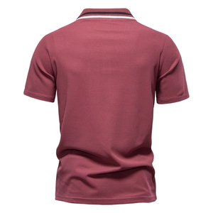Rear view of a burgundy short-sleeved polo shirt with striped collar on a 3D ghost mannequin