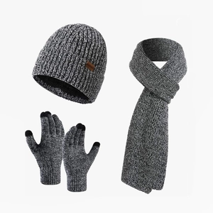 Winter set with mixed color knit hat, scarf, and touchscreen gloves in thick thermal fabric