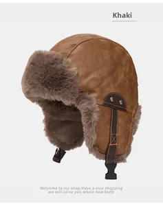 Detail view of khaki PU leather pilot hat with plush faux fur lining and earflaps