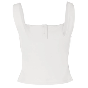 Detail shot of white square neck camisole with button back closure and stitching texture