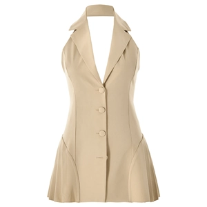 Sexy beige backless halter mini dress with V-neck, lapel collar and pleated hem design
