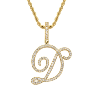 Macro detail of iced-out gold D-letter pendant with crystals on thick rope chain