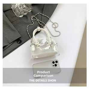 Détails du mini sac à main blanc en PVC transparent avec bandoulière chaîne à billes argent