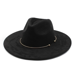 Classic black suede wide-brim fedora hat with minimalist gold ring detail on a white background
