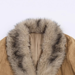 Women's brown suede jacket with a luxurious faux fox fur collar for winter warmth