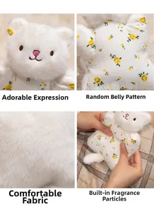 Detail of white bear plush finger puppet with cute embroidery and floral fabric