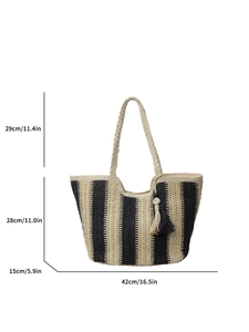 Vertical striped straw tote bag with dimensions shown for summer vacation beach use
