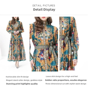 Detail view of the stand collar and intricate floral print of the bohemian maxi dress