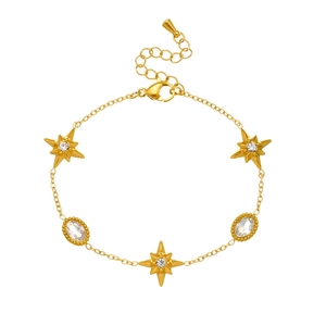 Golden stainless steel chain bracelet featuring star and oval crystal charms with clasp