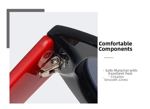 Macro detail of the durable metal hinge connecting black and red square sunglasses frames